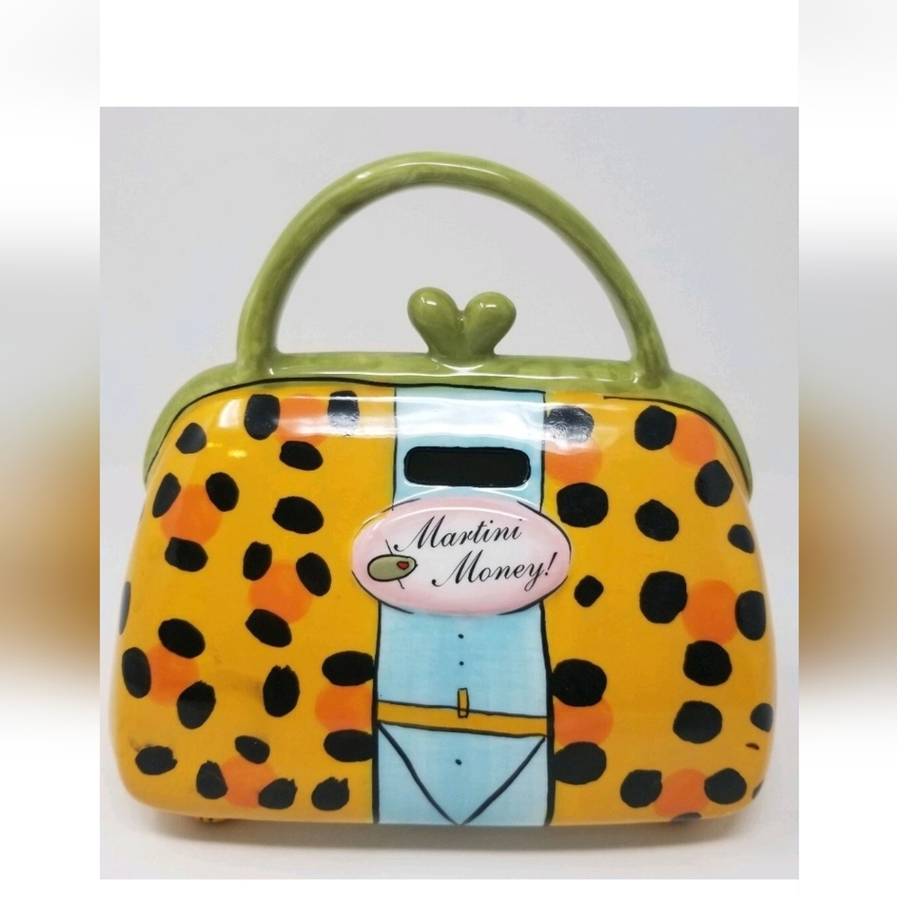 Vintage Signed By Babs Ceramic Granny Handbag "MARTINI MONEY" Bank-Colorful